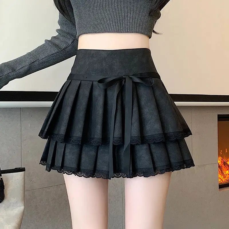 Bow Pleated Skirt Femme 2024 New Autumn Winter Trend Sexy High Waist Slim Sweet A-line Skirt Women Clothes Korean Lace Skirt