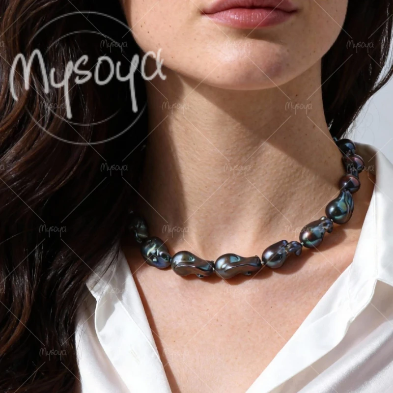 

MYSOYA 12-14mm Large Black Colored Baroque Pearl Necklace, Suitable for Birthday/Wedding/Mother's Day/Father's Day Gift A0870
