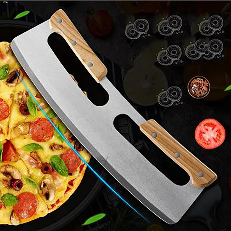 

Pizza Cutter Rocker Stainless Steel with Double Wooden Handle 14 Inch Upgraded Sharp Pizza Slicer Knife Chopper with Blade Cover