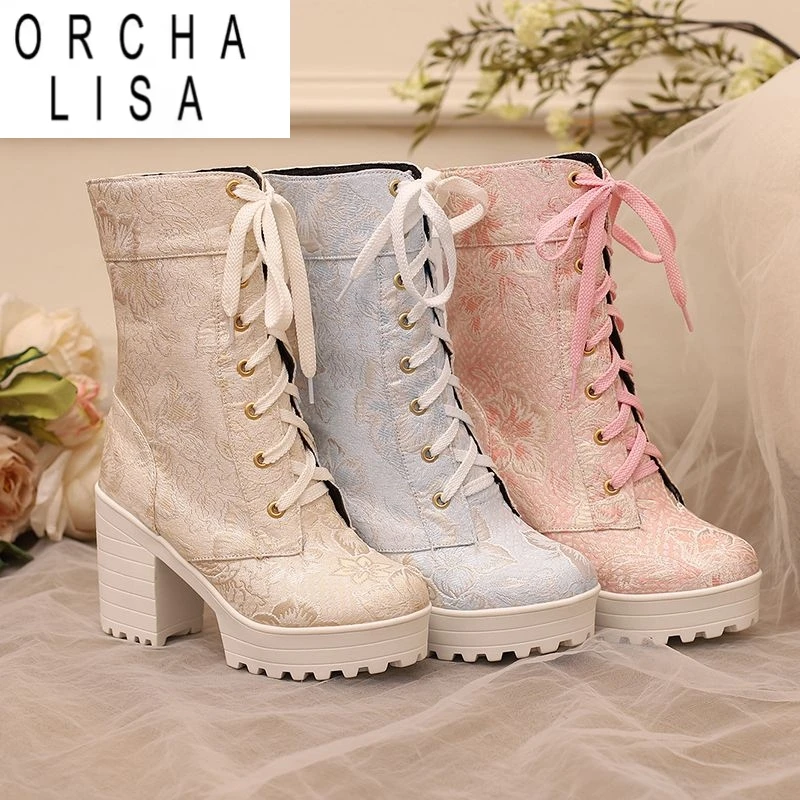 

ORCHA LISA Женские сапоги до середины икры с круглым носком на массивном каблуке 8 см, большой размер 41 42 43, модные повседневные женские ботинки Bota