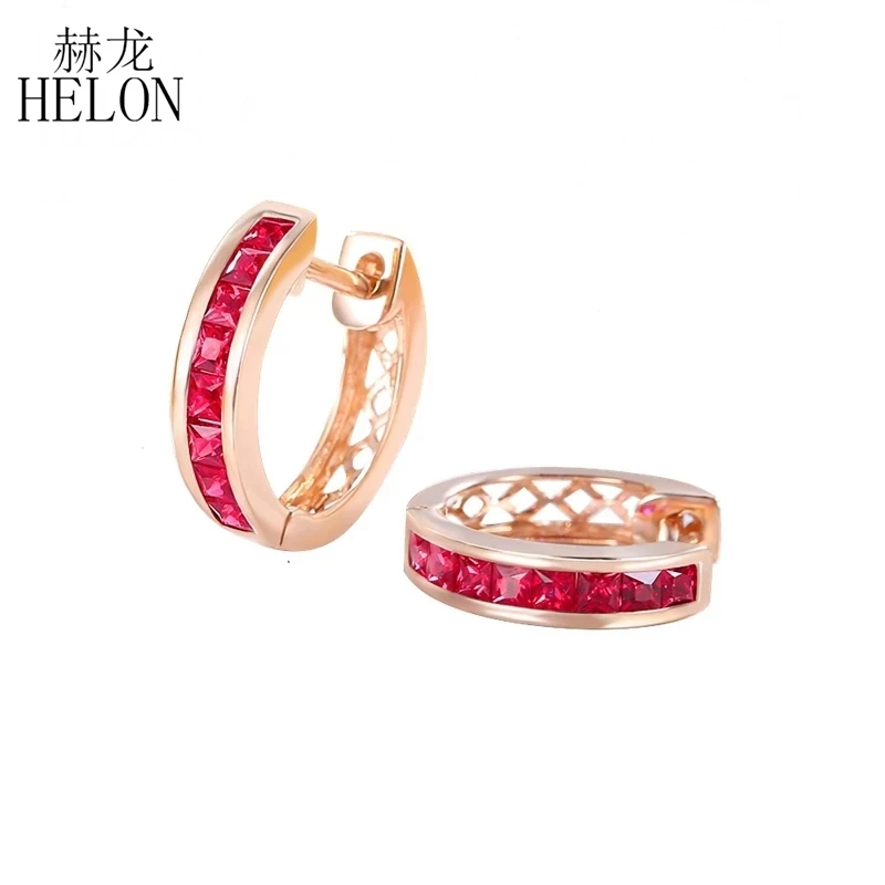 HELON Princess Cut 0.59ct Genuine Natural Ruby Engagement Earrings Solid 14k Rose Gold Drop Earrings For Women Gemstone Jewelry