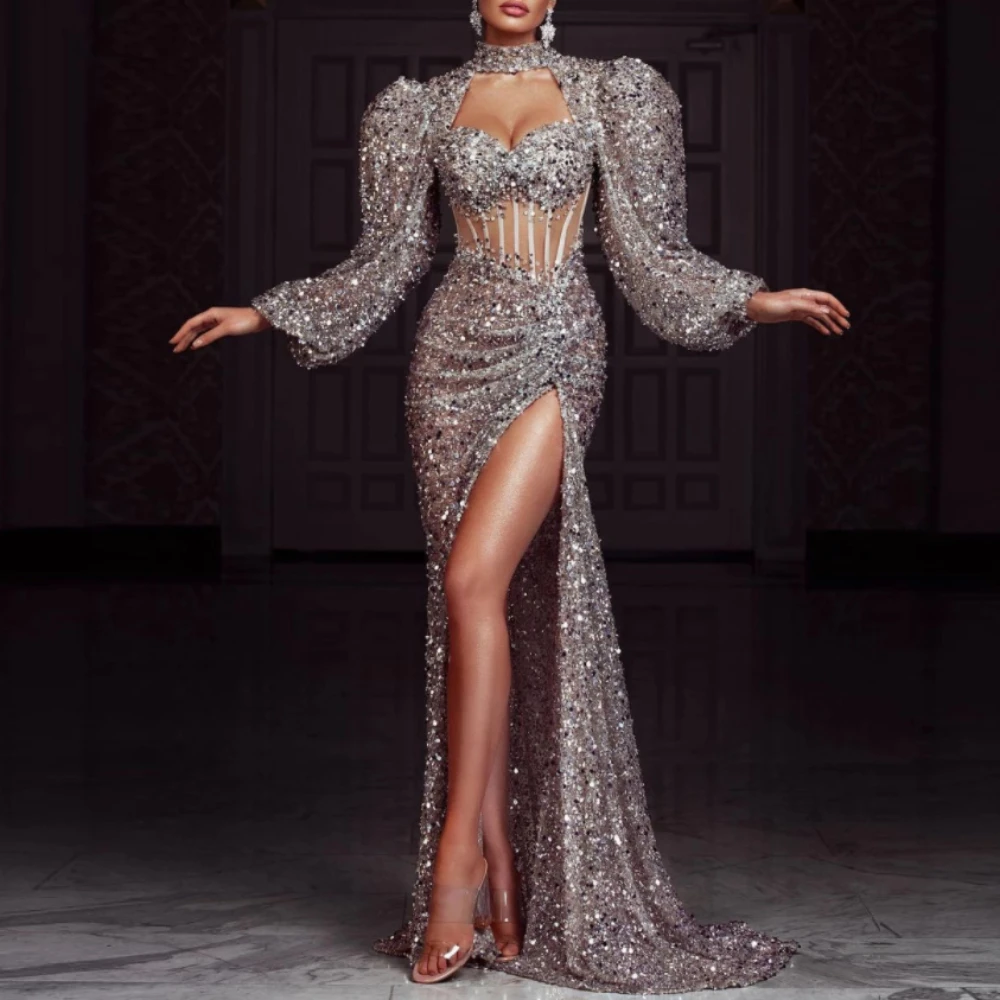 Luxury Glitter Sequins Prom Dress 2024 Sexy High Slit Puffy Long Sleeves Sparkly Formal Evening Dresses Women Arabic Party Gowns