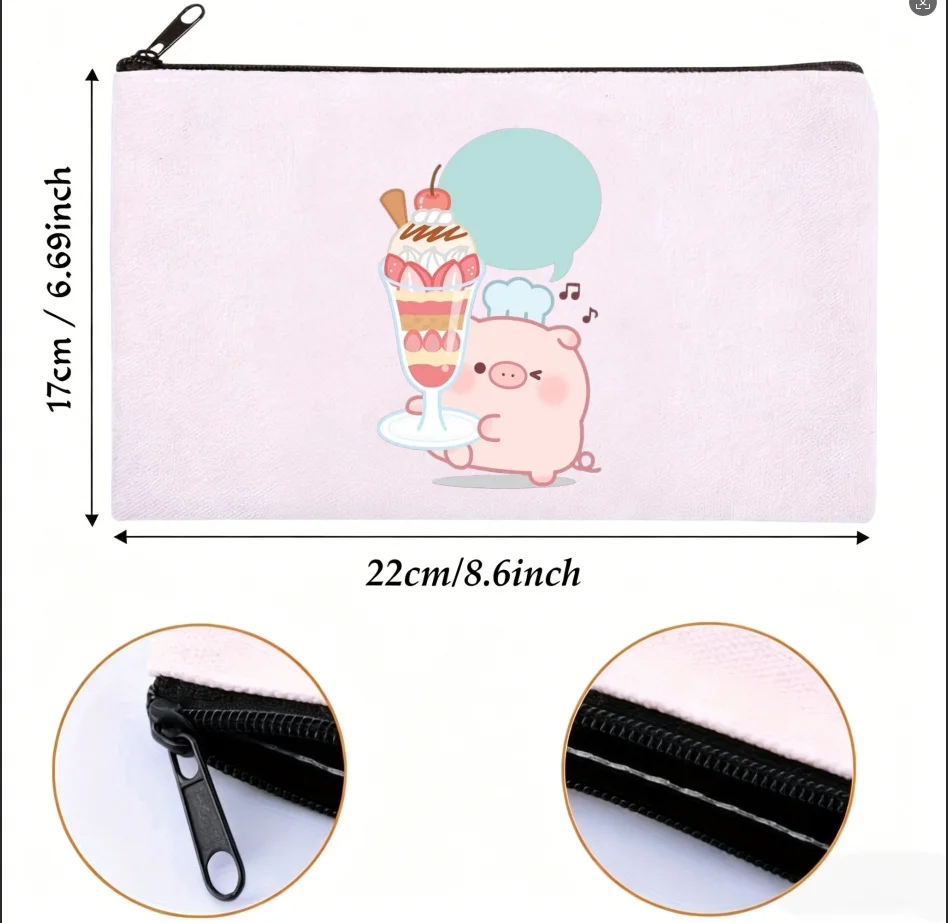 1PC Dessert Milkshake Chef Pig Print Canvas Cosmetic Zipper Storage Pouch