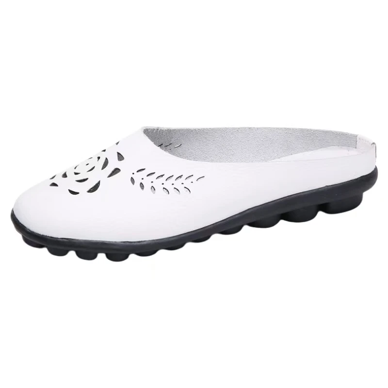

Women's Leather Baotou Hollow Out Flat Sole Slippers Summer New Rubber Sole Non Slip Breathable Outdoor Half Slippers Sandals