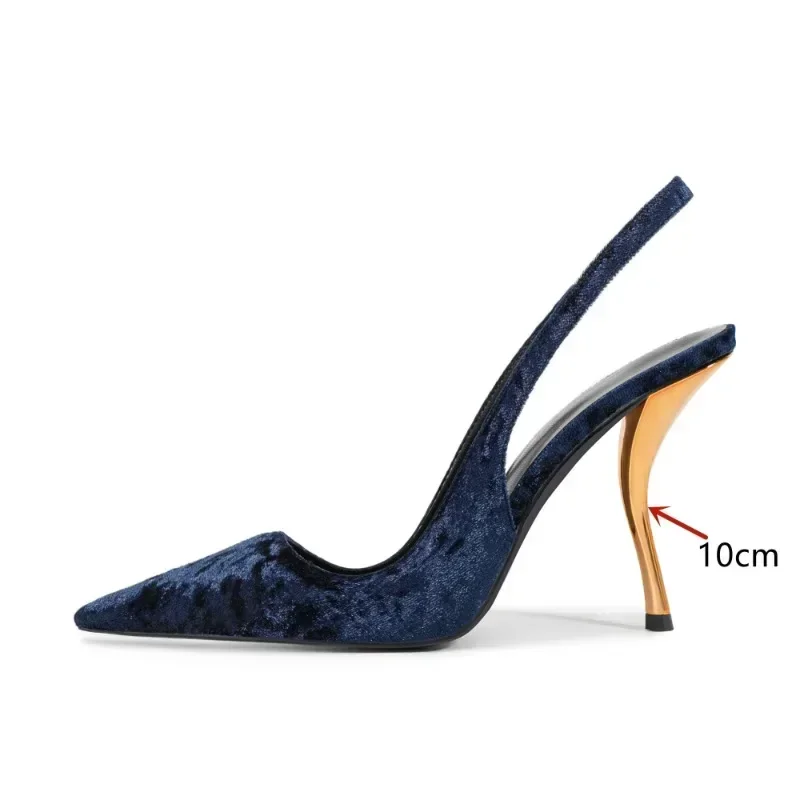 2025 European and American Sexy Metal High-heeled Pointed Back Hollow Sandals Women\'s Fashion Suede Runway Shoes