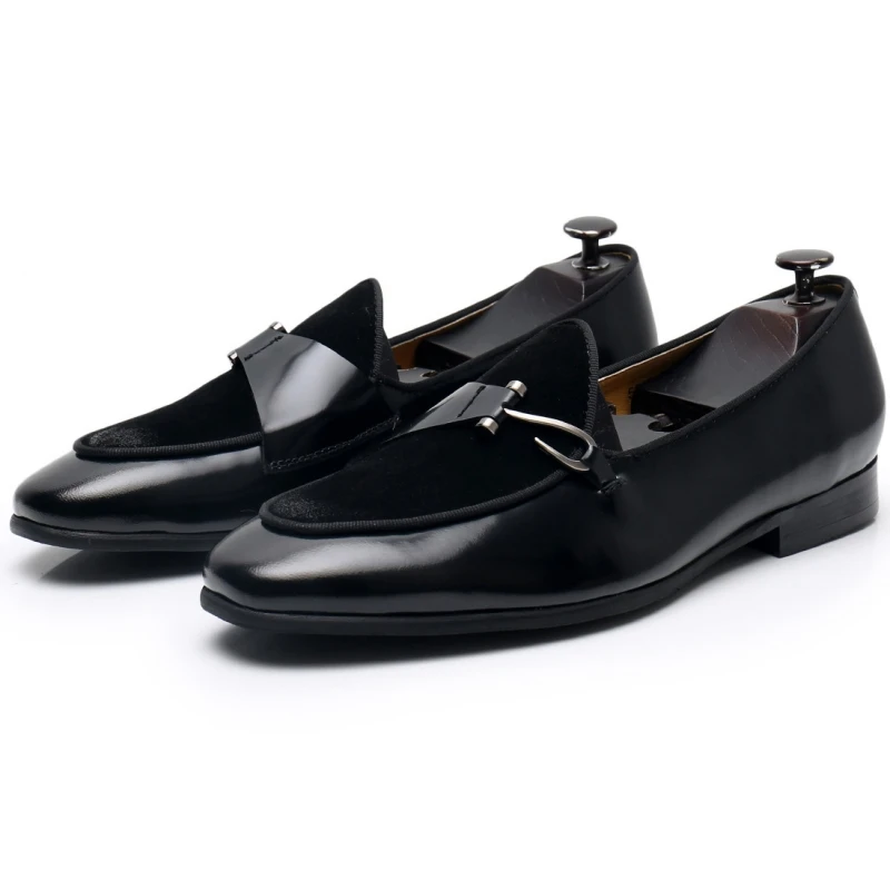 

Genuine Leather Men Black Hook Dec Loafers Square Toe Low Heel Slip-On Fashion Party Business Casual Classic Dress Daily Shoes