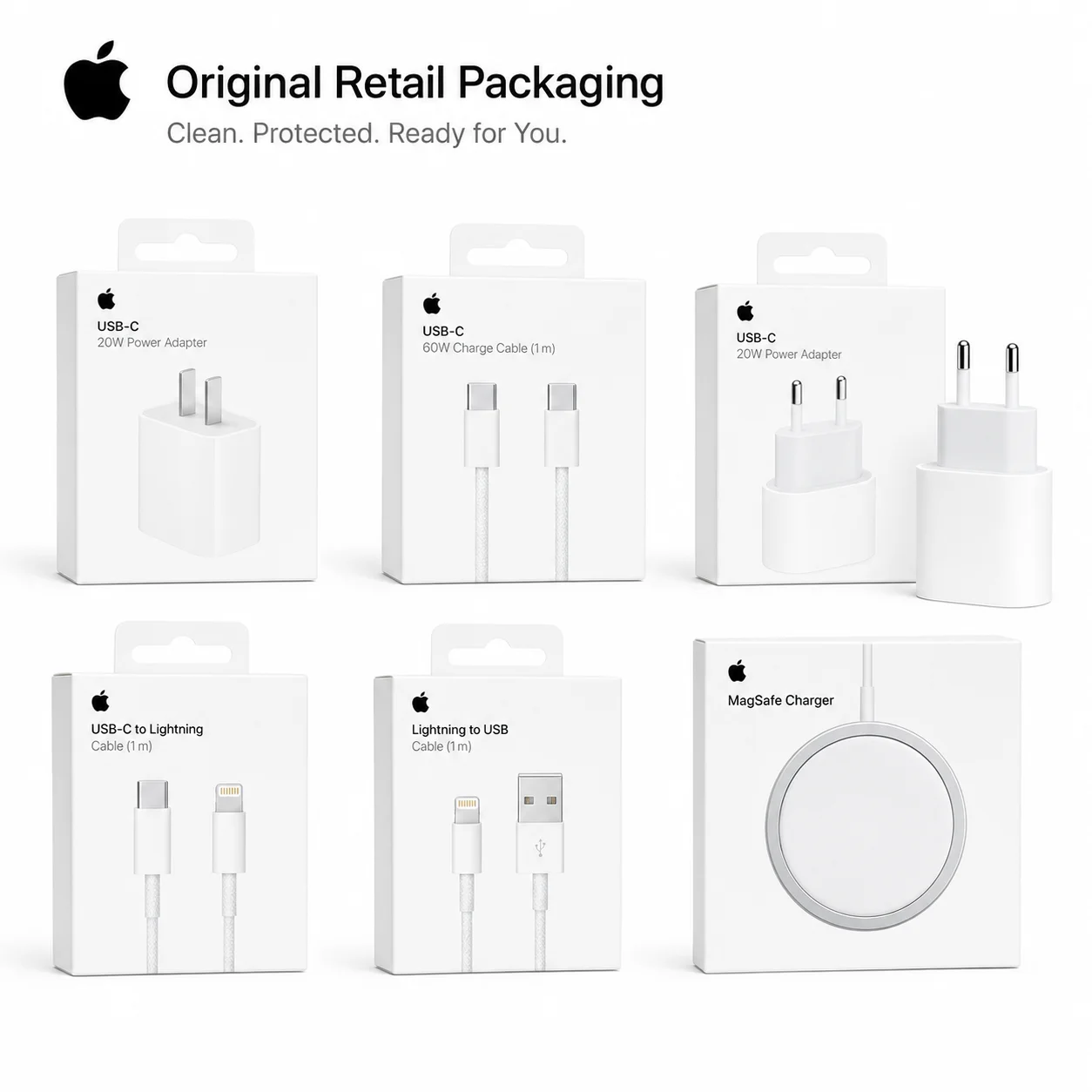Adaptador de Energia Original Apple 20W 5W USB-C com Plugue EU/US, Carregador Rápido, Cabo USB-C para USB-C e Lightning USB-A de 1m, 25W MagSafe para iPhone