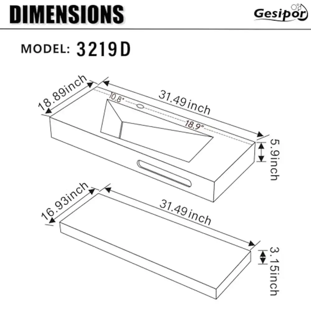 Rectangular Bathroom Vanity Sink Stone Resin Floating Shelf Matte White Trough 32x19