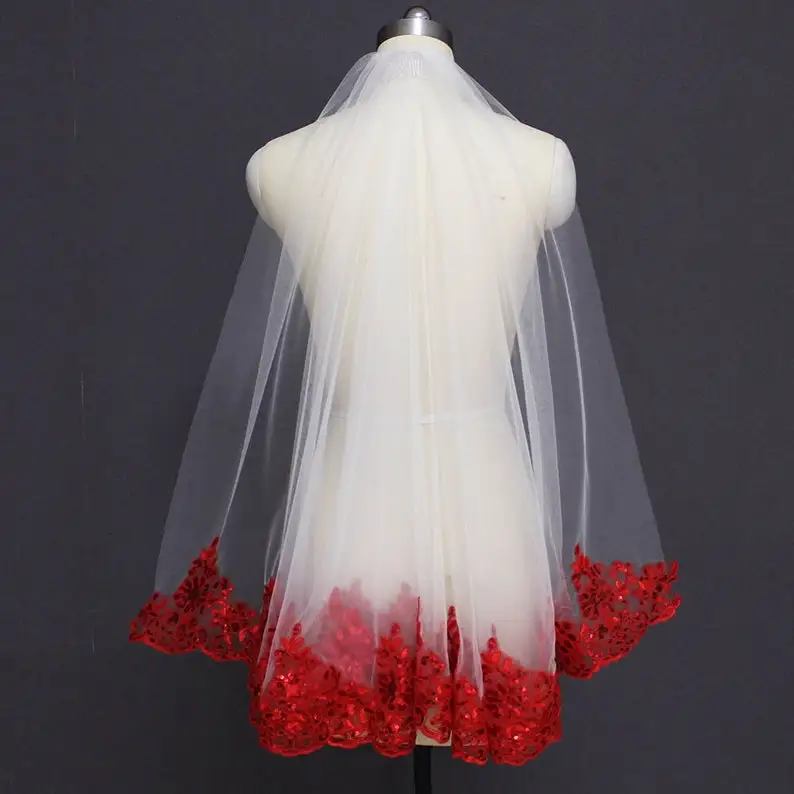 

European and American design wedding white mesh with red sequins lace lace short bridal headdress