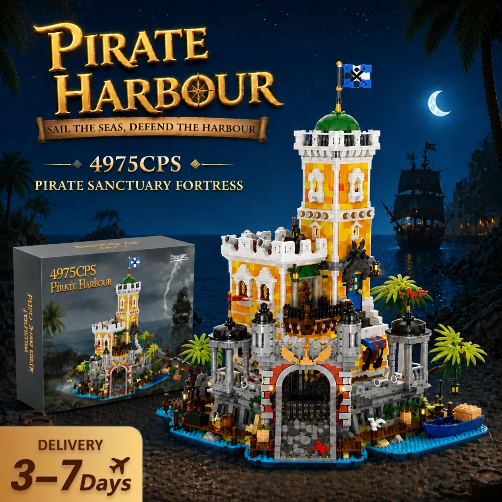 Image of Piratenhafen Mittelalterliche Burg Beleuchtete Bausteine Retro-Straßenansicht Modulares Montagemodell Sammlerstück Kreatives Erwachsenen-Geschenk 4975 Teile