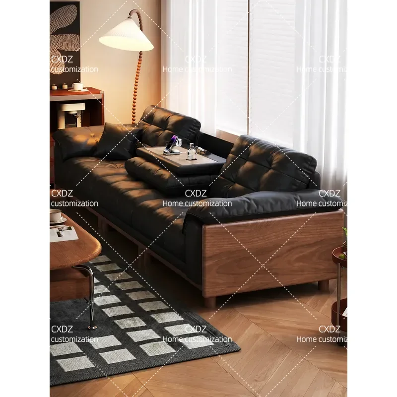 Black Leather Sofa Solid Wood Frame 3 Seater Cloud Straight Row Retro Style Living Room Furniture 2026 New Arrival