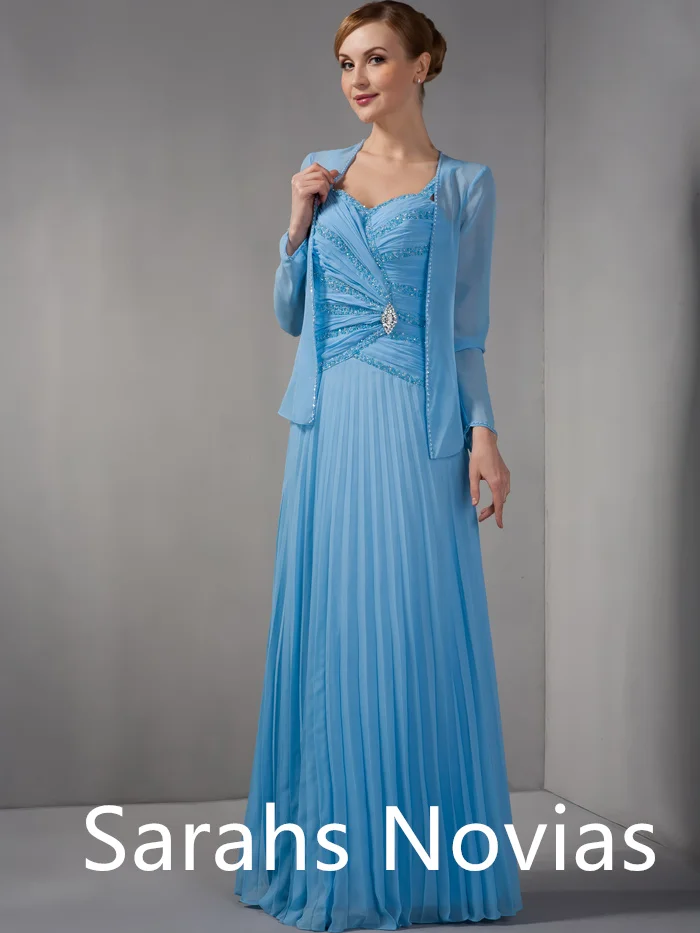 

Blue A-line Long Floor Length Chiffon Mother Of Bride Dresses With Jackets Bolero Pleats Beaded Woman Suits Plus Size Gown