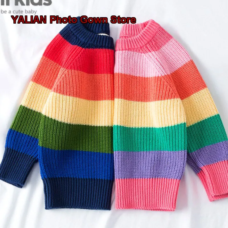 Kindergarten Autumn Winter Kids Pure Cotton Boys Girls Rainbow Striped Knit Top 1-6 Years Siblings