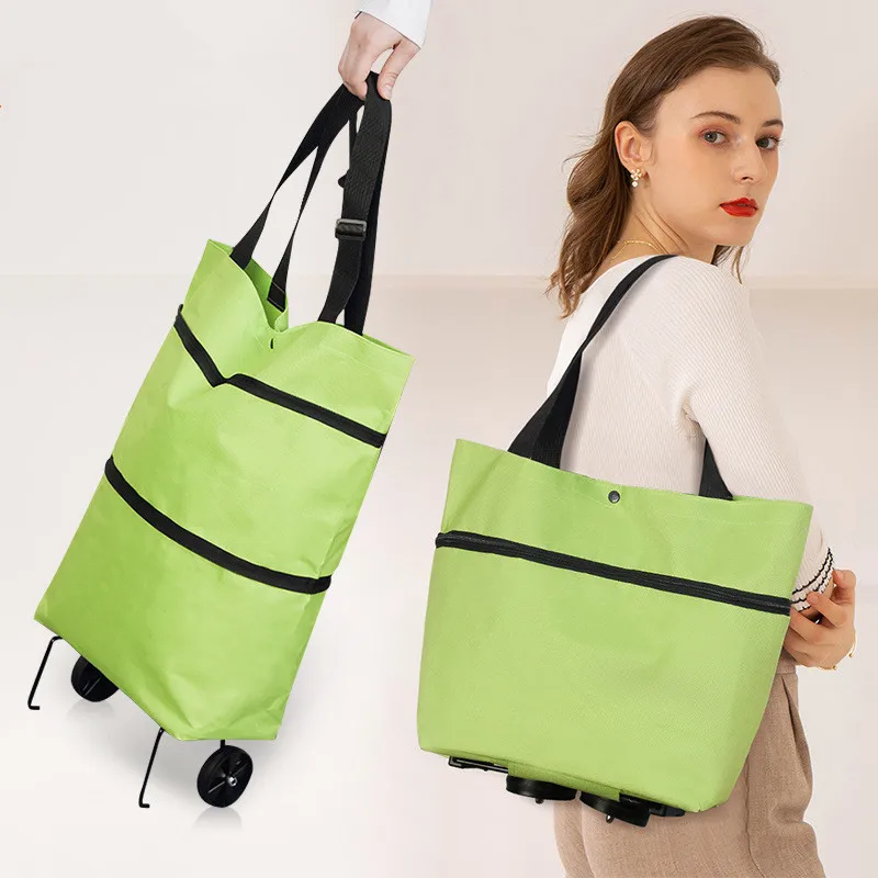 Folding Shopping Pull Cart Trolley Bag with Wheels Portable Foldable Reusable Grocery Shopper Organizer Vegetables Bag