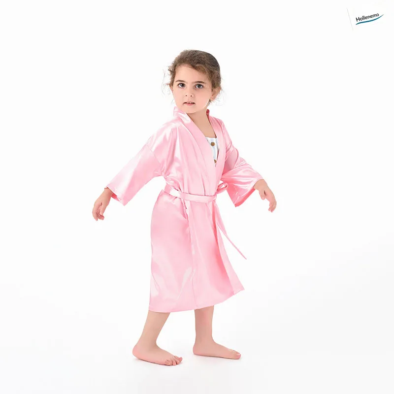 Kids Silky Satin Kimono Robe With Tie Belt V‑Neck 3/4 Sleeve Soft Glossy Sleepwear For Girls Home Party Loungewear