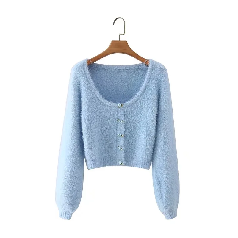 Autumn French Shaggy Flower Buttons Knitting Crop Cardigan Women Round collar Single-breasted Buttons Long sleeve Short Jumper