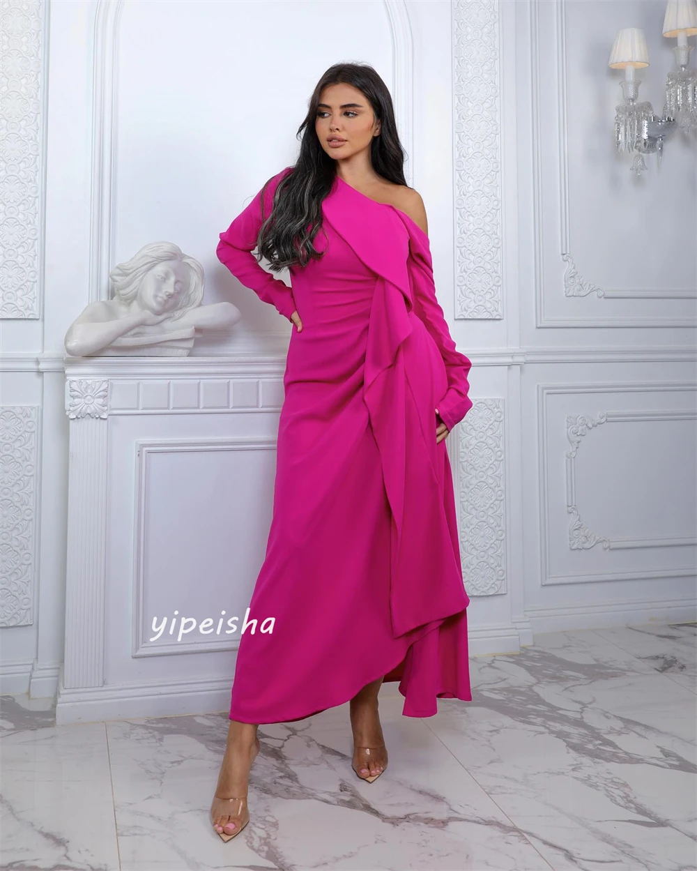    Evening Jersey Ruched Homecoming A-line One-shoulder Bespoke Occasion Gown Midi es Saudi Arabia es es