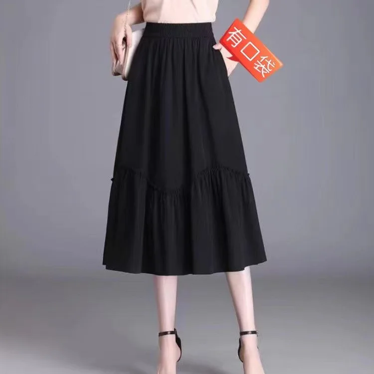 New Women Summer Chiffon Midi Skirt Ruffles Vintage Big Large Plus Sizes Casual Elegant Party Fashion Loose Skirts