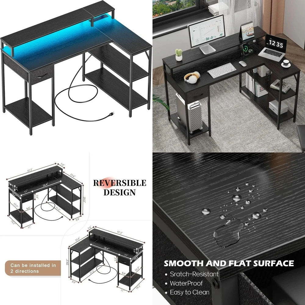 

Computer DesksL Shaped Gaming Desk with LED Lights and Power Outlets Reversible Design US Plug