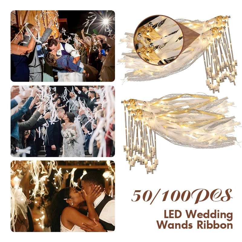 50/100 pezzi LED bacchette da sposa stelle filanti a nastro con campane illuminano bacchette da fata in seta bastoncini luminosi per bomboniere per