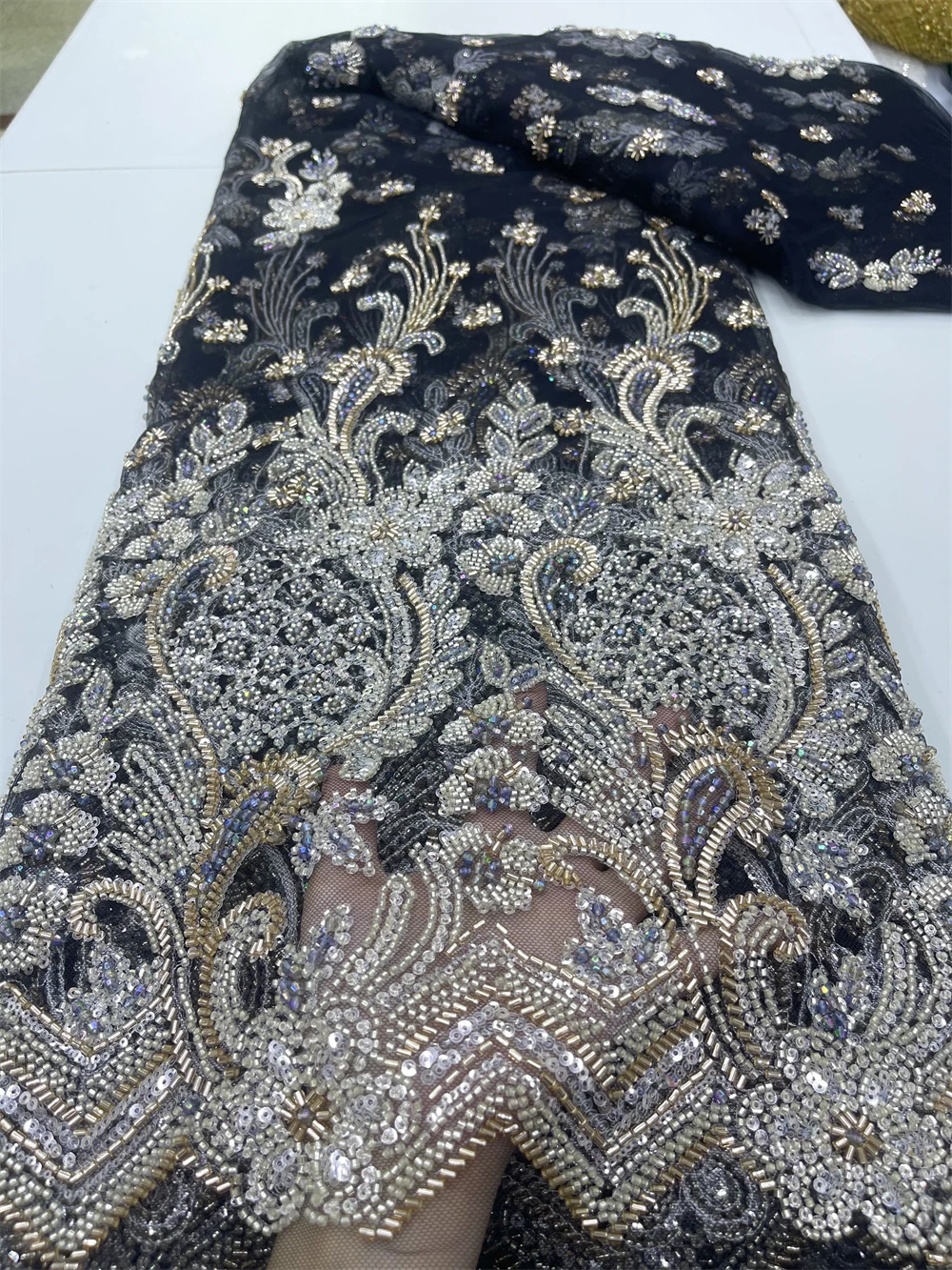 African Nigerian Tulle Lace Fabric,High Quality,Sequins EmbroideryBeaded, French GuipureWedding Party Dress, 5Yards, 2024