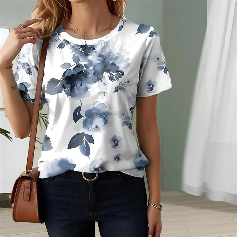 Colors Flowers Painting T-shirt Women's Clothing Short Sleeve Loose Casual T Shirts Summer Simple 3d Print Flower Women Tees