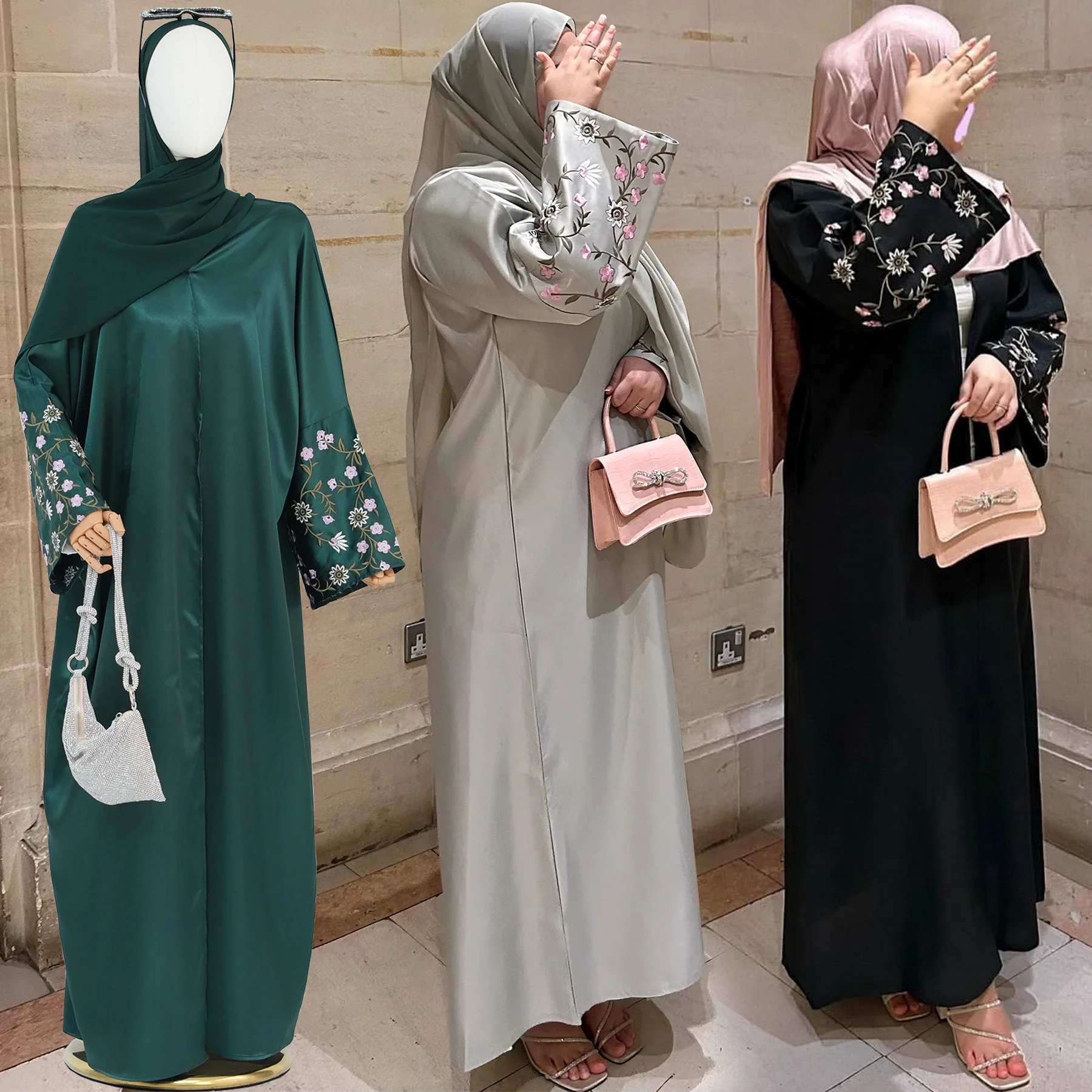 Flower Embroidery Open Abaya for Muslim Women, Slight Batwing Sleeves, Evening Party Hijabi Robe, Islamic Clothing, Ramadan Eid