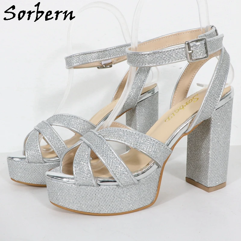 

Sorbern Silver Glitter Sandals For Women 10cm Block High Heels Size EU33 Cross Strap Slingback Ankle Strap Custom Colors