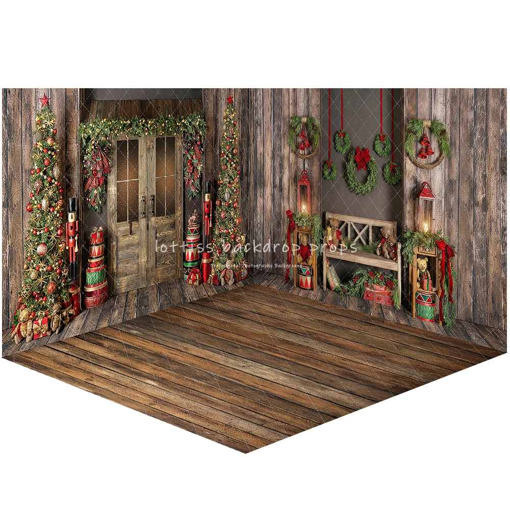 Holly Christmas Cheer Backdrops Wooden Cottage Door Photography Child Adult Photography Kids Baby Xmas Trees Wreath Backgrounds