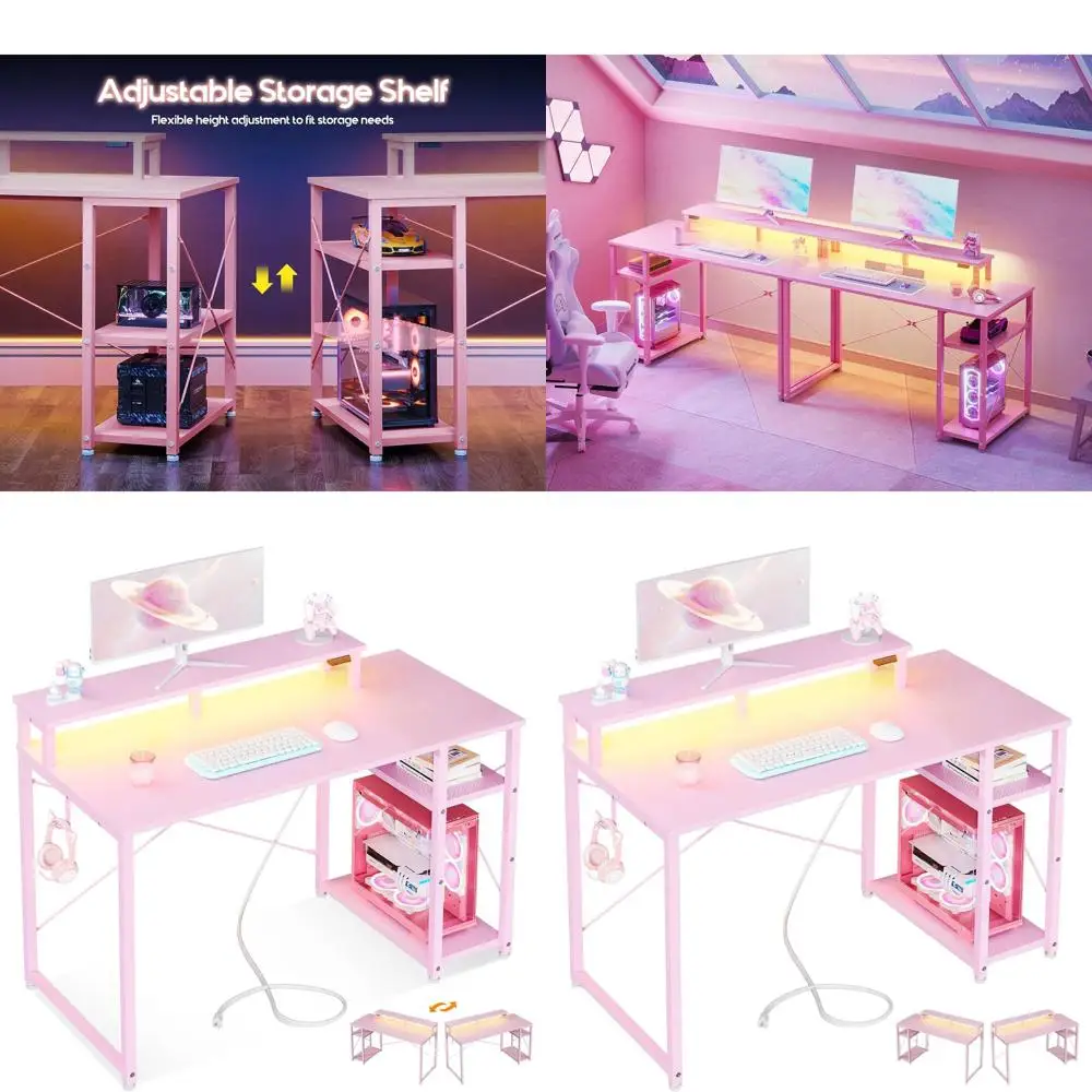 

40 Compact Gaming Desk with Storage, LED Lights, and Reversible Monitor Stand - Carbon Fiber Texture in Pink