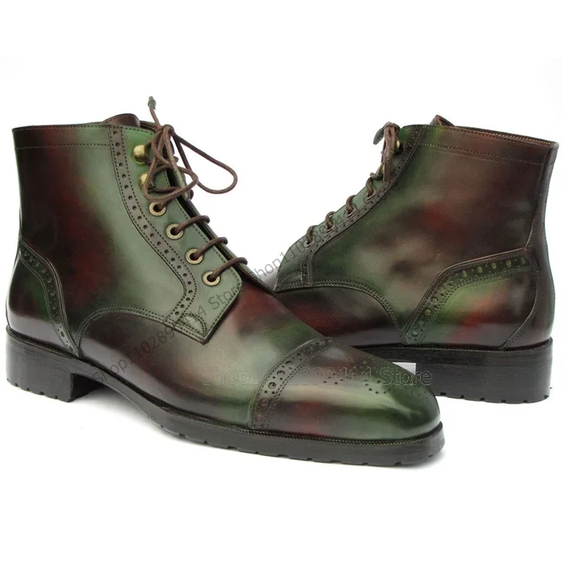 

Green Red Carving Design Square Toe Ankle Boots Fashion Lace up Men Shoes Luxurious Handmade Party Feast Banquet Men Dress Shoes
