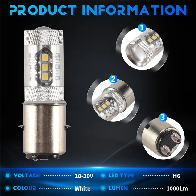 A54K-80W BA20D H6 White 16 LED Motorcycle Motorbike/Moped/ATV Headlight Bulb