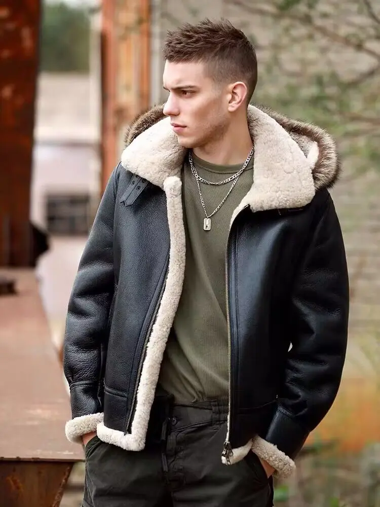 Winter Outerwear for Man Genuine Sheepskin Leather Coat Shearling Wool Jacket for Male Real Fox Fur Raccoon Hooded 6XL 7XL 8XL