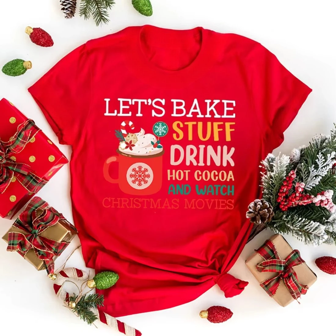 Let's Bake Stuff Drink Hot Cocoa and Watch Christmas Movies Print Women's Oversized T-shirt Fans Summer Casual Short Sleeve Tops
