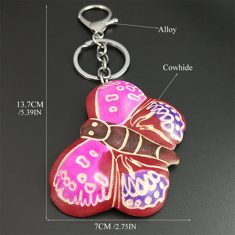 Vintage Pink Butterfly Cowhide Carved Key Chain for Women Men Alloy Silver Color Key Ring Holder Car Bag Jewelry K8835-4S04