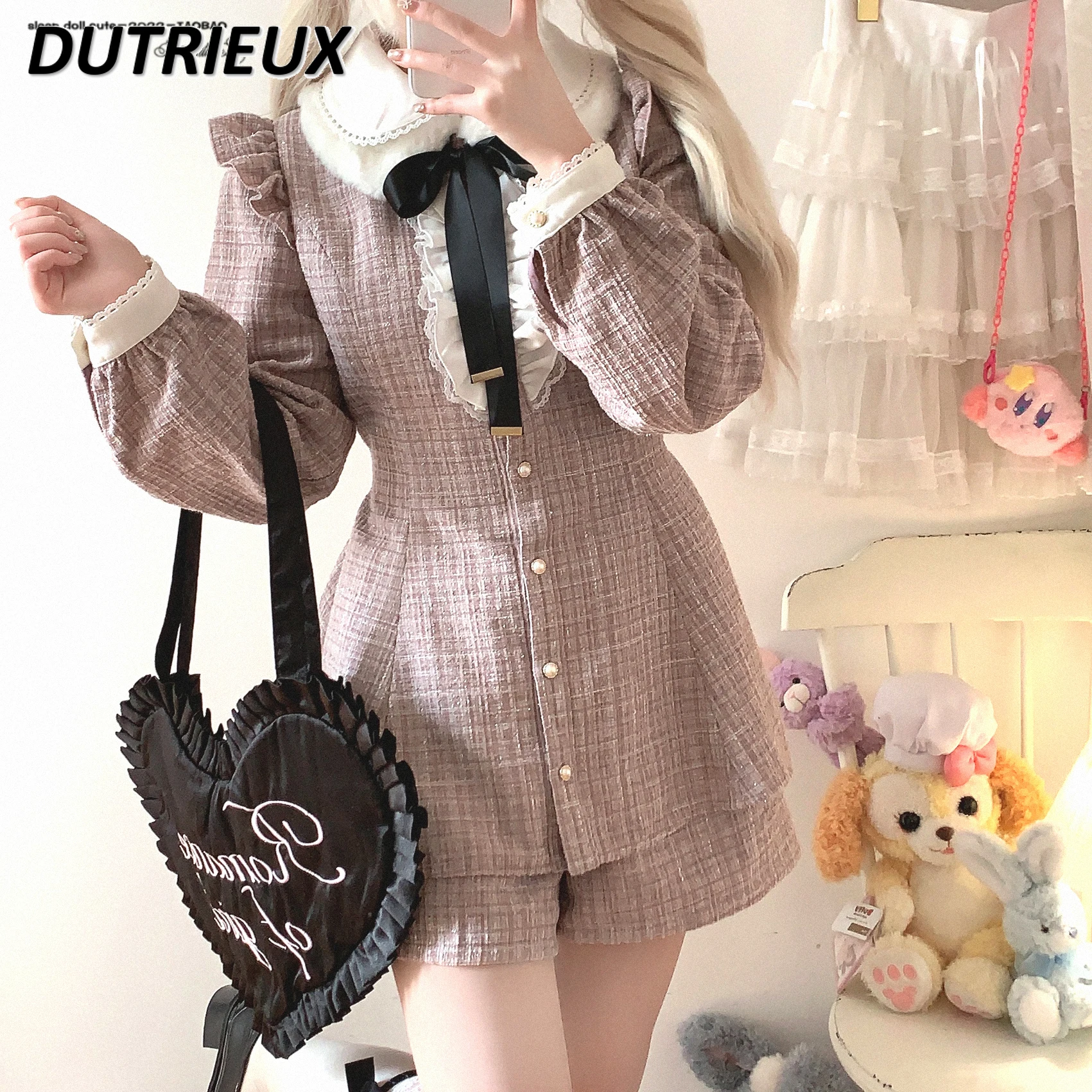 

Модный комплект из топа и шорт Femme Sweet Cute Осенне-зимний элегантный костюм Новые повседневные женские комплекты из двух предметов в японском стиле