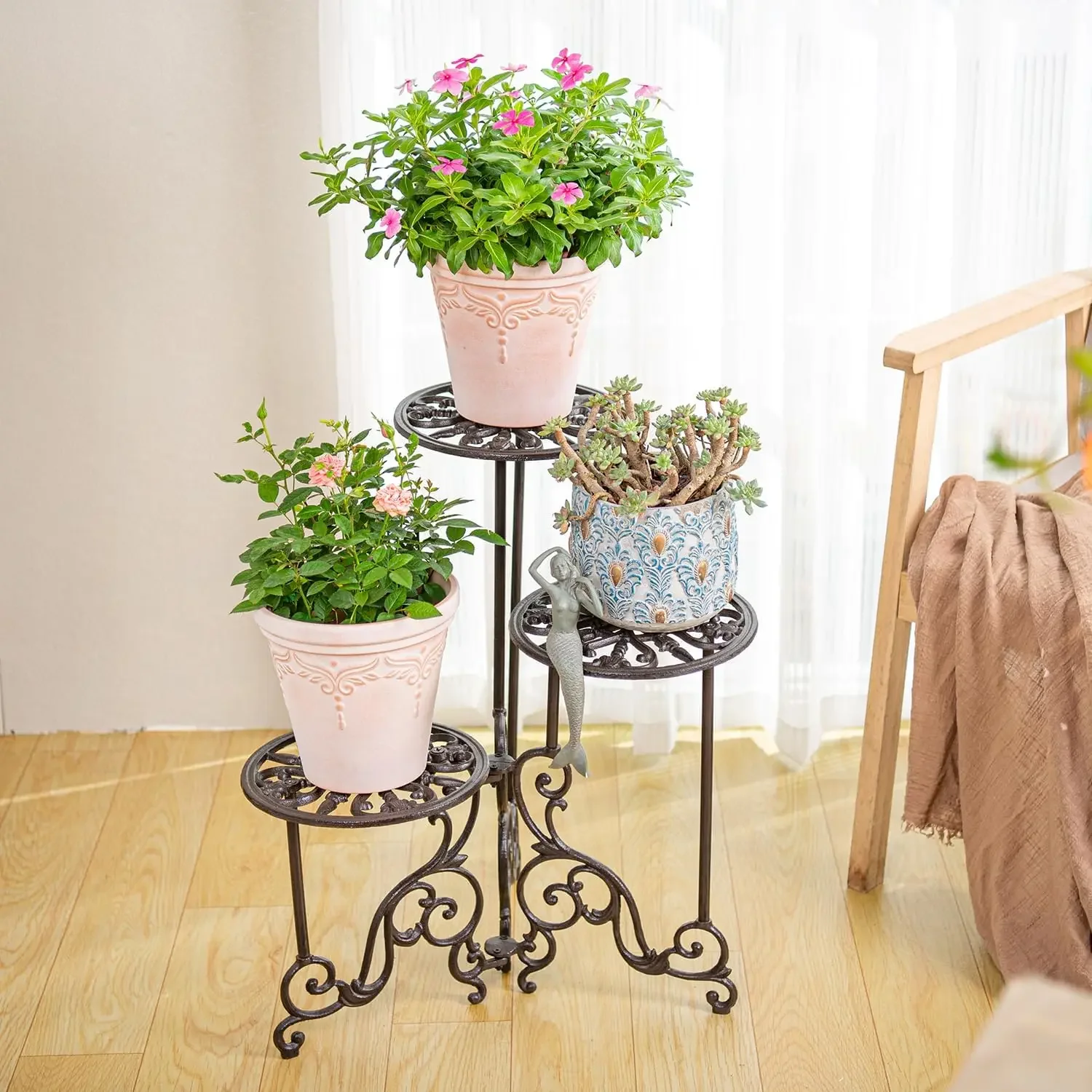 Heavy Duty Cast Iron Plant stand, 3 Tier  Metal Plant Shelf, Tall Vintage Flower Pot Holder Indoor Outdoor Tiered Plant Stand, R