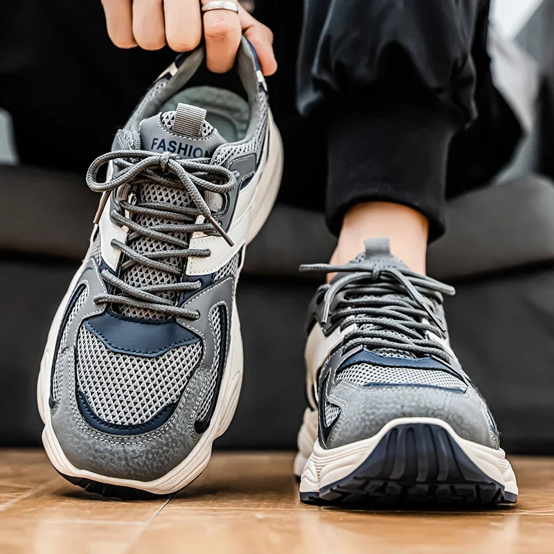 

Summer Breathable Mesh Sport Shoes Men's Trendy Dad Thick Bottom Casual Shoes Comfortable Synthetic Leather Rubber Outsole