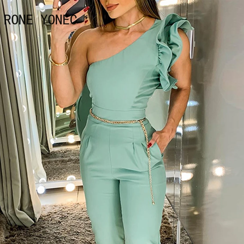 Women Elegant Solid One Shoulder Ruffle Decoration Chain Belts Formal Jumpsuit