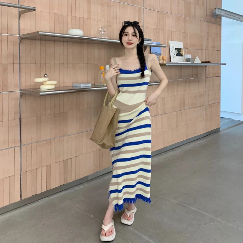 

Sea Vacation Tourism Beach Long Dress, Fairy Slimming And Sexy Striped Suspender Dress
