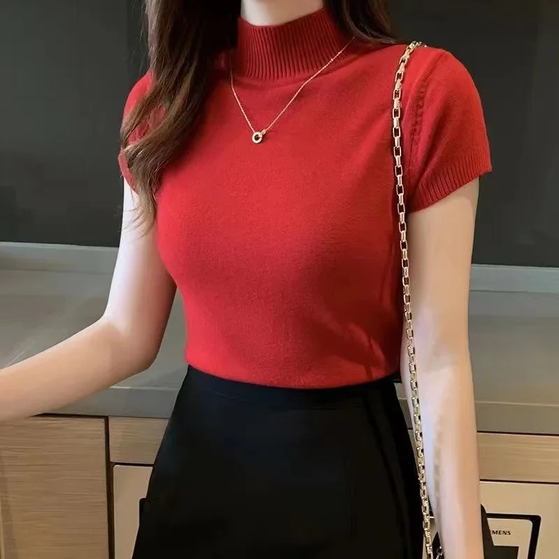 Women Elegant Solid Short Summer Half Turtleneck Slim Knitted T-shirt  Sleeve Casual Versatile Pullover Tops Casual Skinny Tops