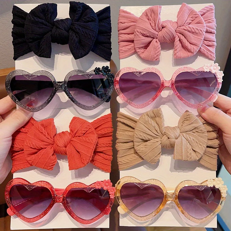 Toddler Baby Girls Sunglasses & Bow Headband 2Pcs Set Love Heart UV Protection Cute Kids Hair Accessories Summer Beach Outfit