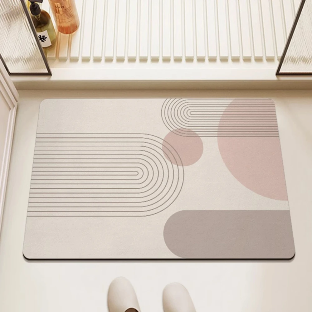 Alfombra de Baño Rosa Pálido con Diseño de Líneas y Puntos, de Secado Rápido, para Entrada de Baño, Estilo Mid-Century, Curva Abstracta, Base Beige Neutra, Minimalista