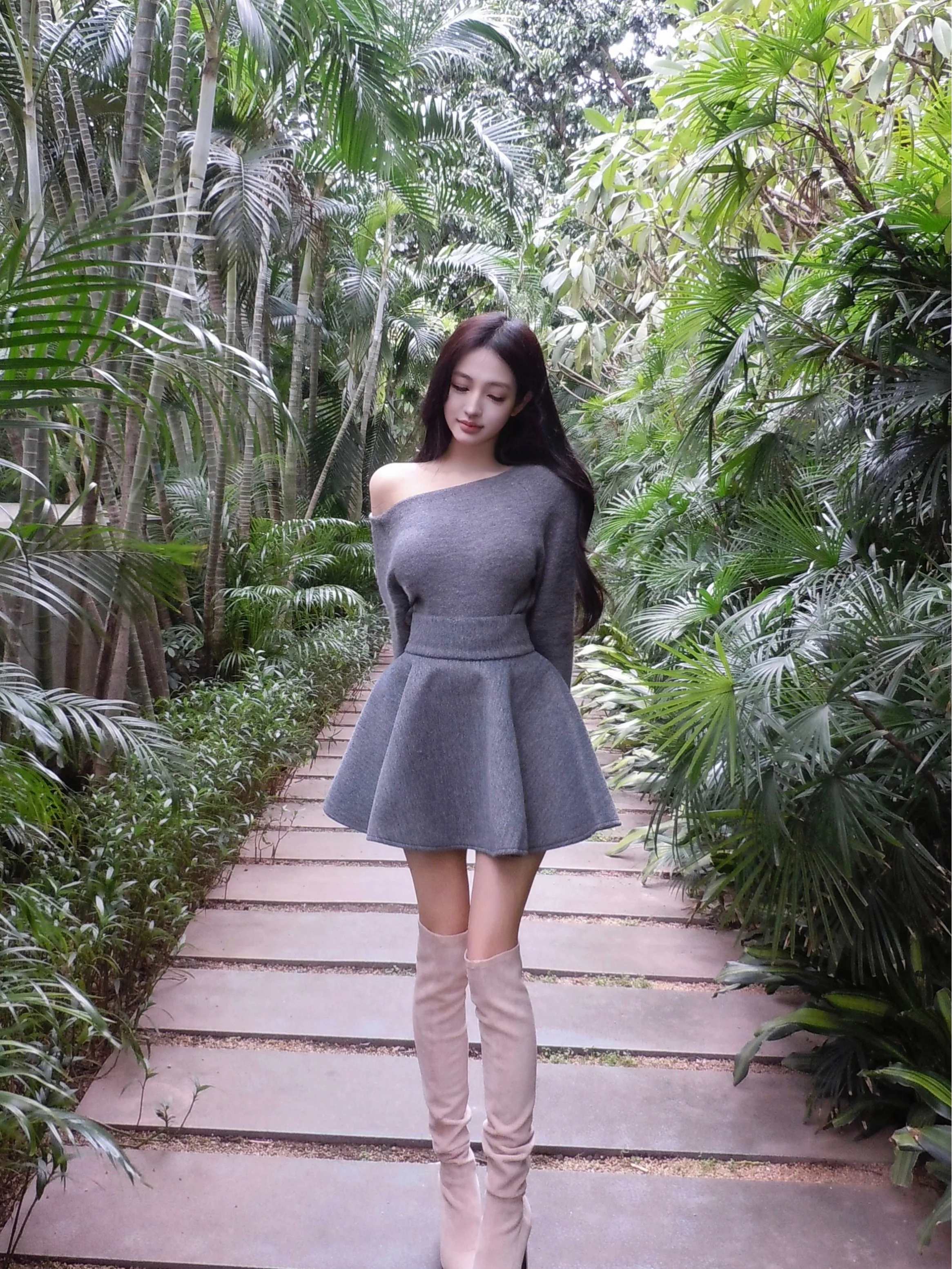 Casual Gray Date Two-piece Set Skirt For Women Autumn One-shoulder Pullover Sweater Skirt Set Street High-waist Mini Short Suits