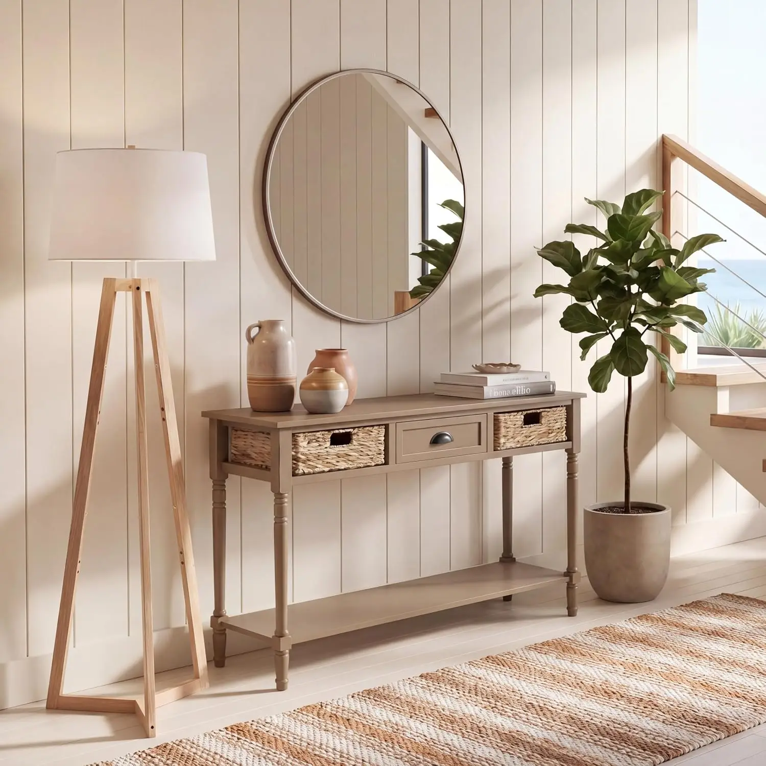 Entryway Console Table Solid Wood 3-Drawer Storage with Rattan Baskets for Living Room Hallway 48