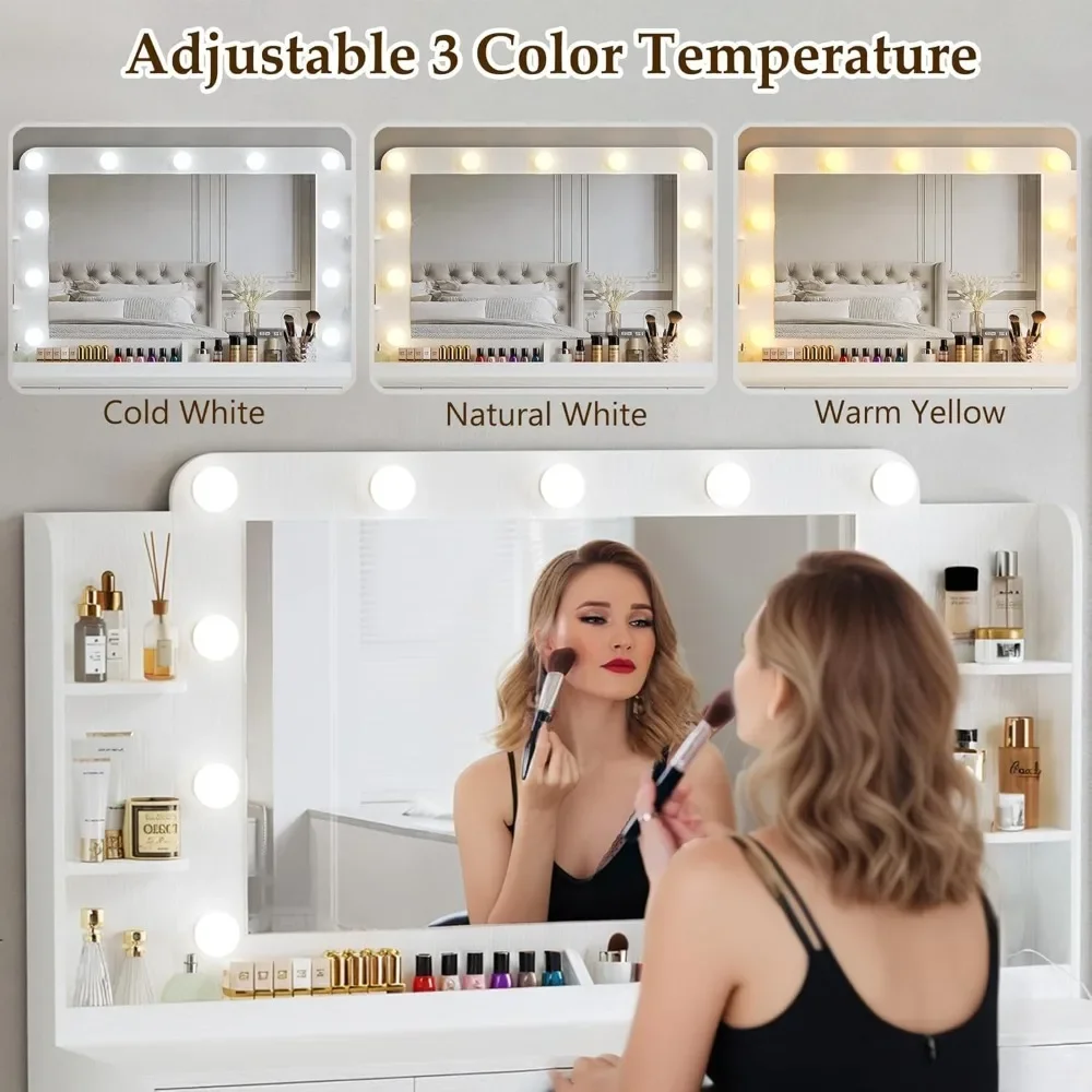 

45.5"Makeup Vanity Desk, w/Mirror and Lights, Power Outlet Vanity Desk, with 5 Drawers, 2 Cabinets, Shelves for Bedroom