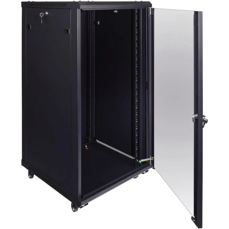 Server Cabinet Wall Mount Rack Enclosure with Caster Wheels, 2 Fans, Locking Glass Door, Removable Side Panels