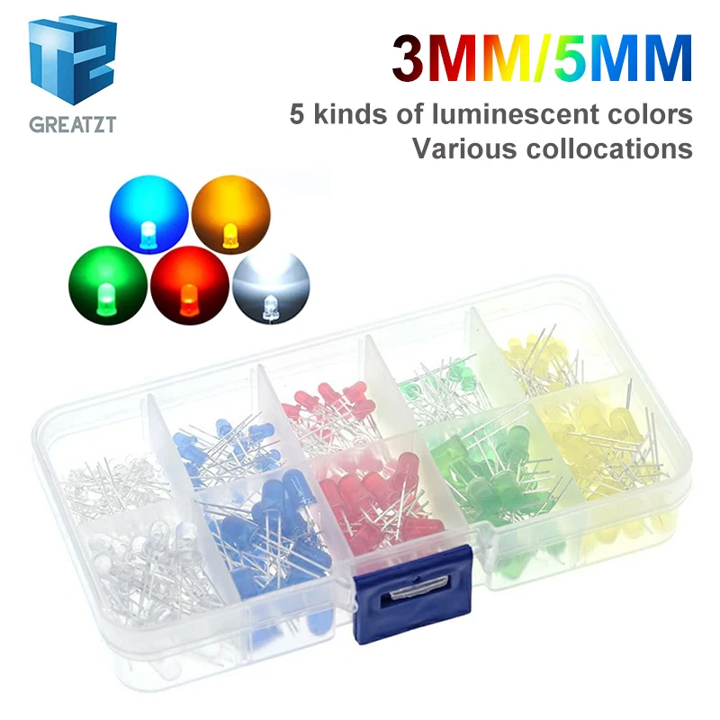 200 шт./лот 3 мм 5 мм комплект светодиодов с коробкой смешанного цвета красный зеленый желтый синий белый светодиоды в ассортименте 20 шт. каждый новый