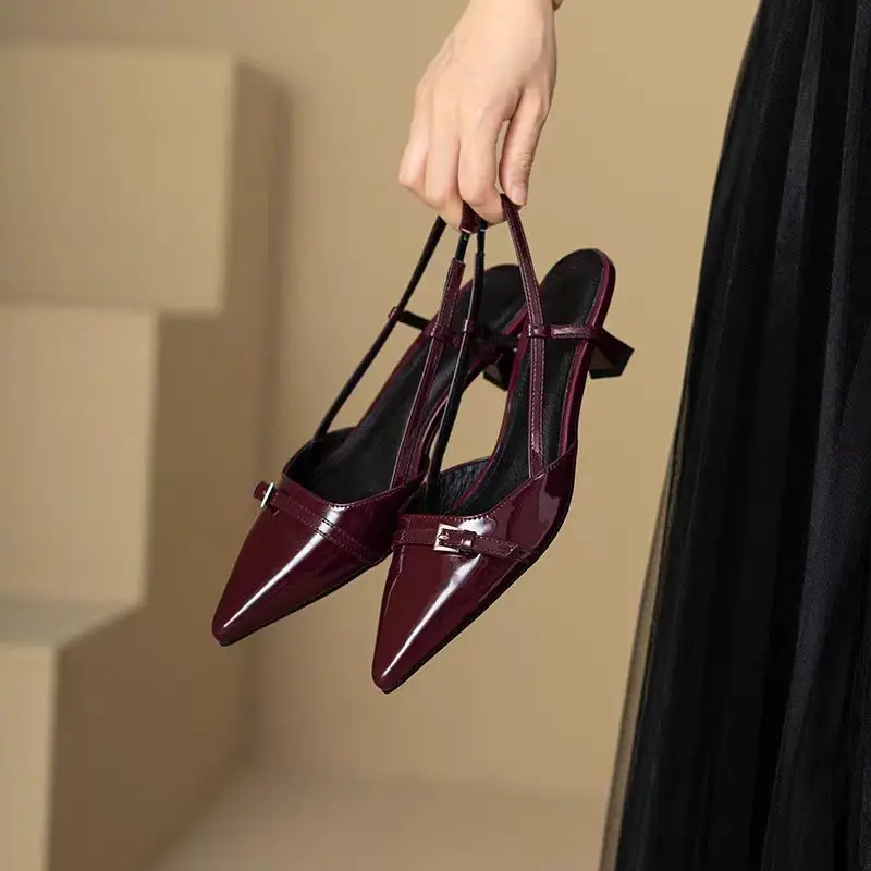 New Summer 2025 New Outdoor Women Dress Shoes Pointed Toe Sandals Buckle Slingbacks Mid Heels Pumps Patent Leather Slip On