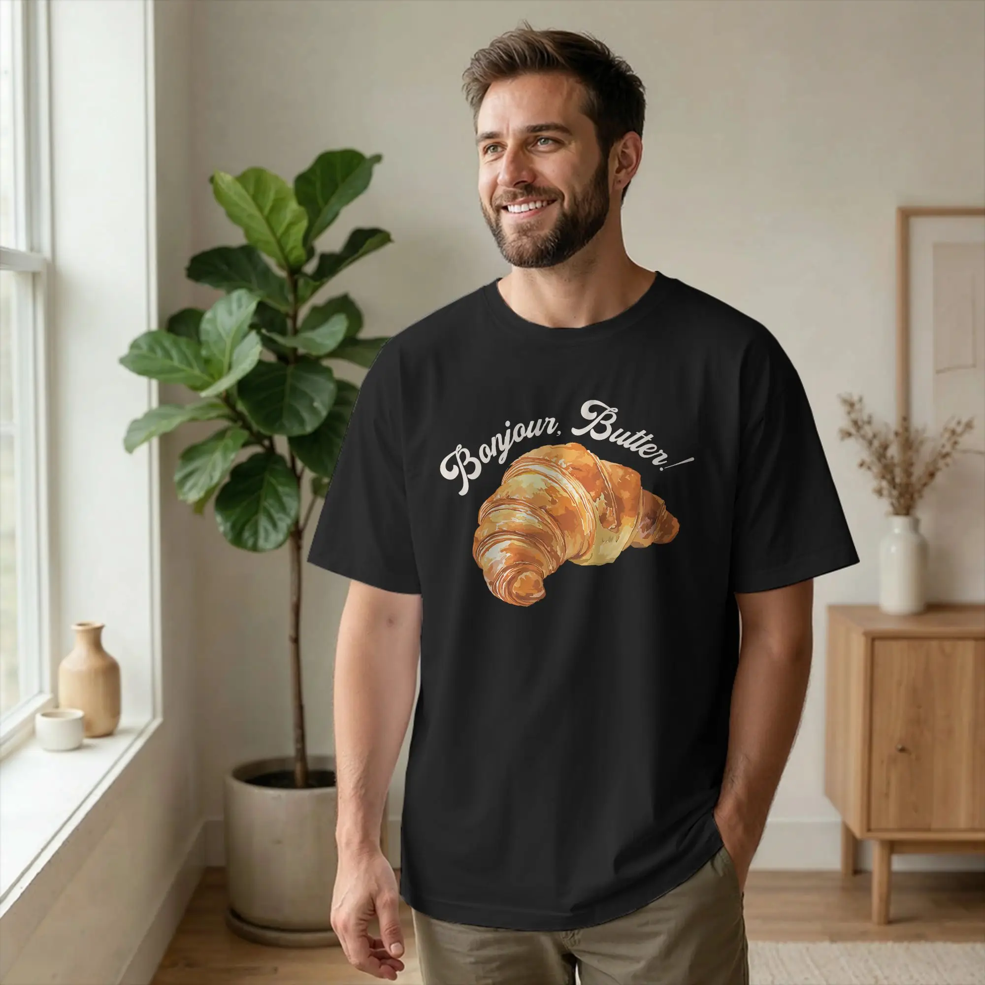 Bonjour Butter Funny Croissant Men T Shirt French Cuisine Vintage Tees Short Sleeve Crew Neck T-Shirt Cotton 4XL 5XL 6XL merch